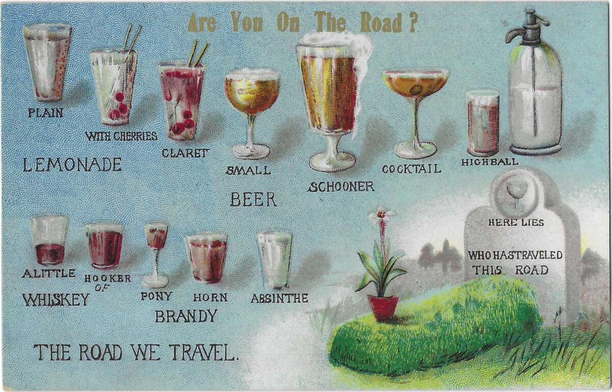 A variety of drinks, including plain lemonade, beer, whiskey and absinthe are shown in a line to the grave of the drinker.