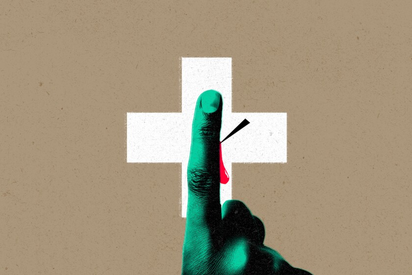 An illustration of an extended index finger being pricked by the needle of a cactus, superimposed on a white cross.