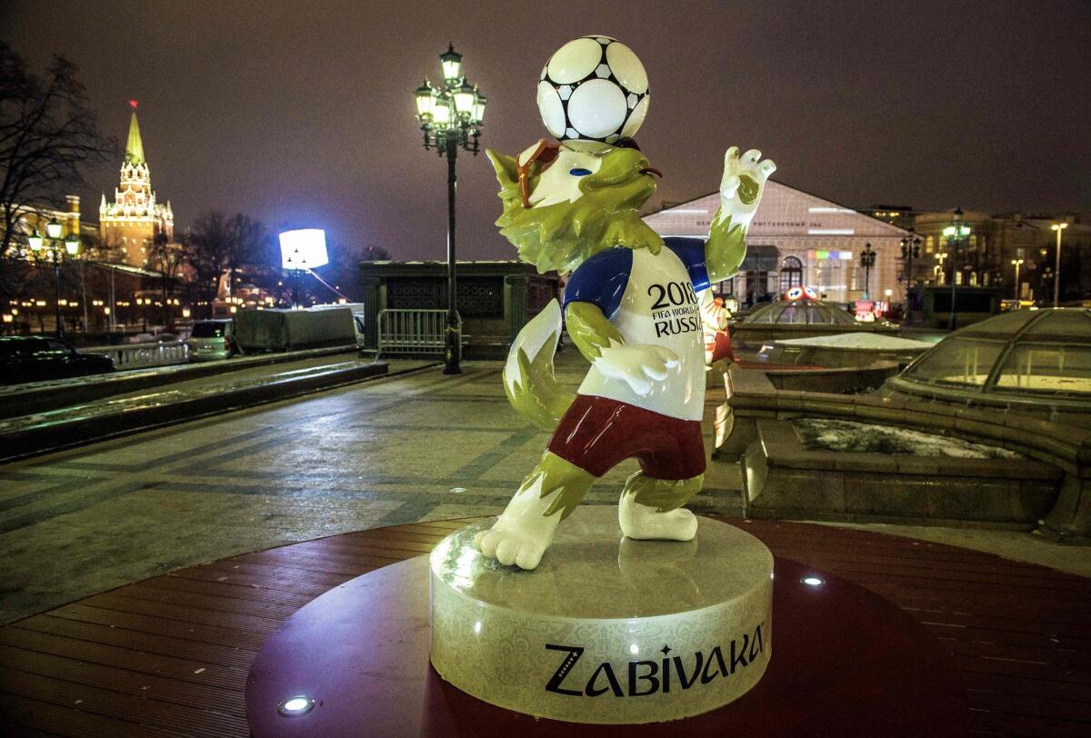 A picture taken on November 29, 2017 shows a figure of Zabivaka, the official mascot for the 2018 FIFA World Cup, at Manezhnaya square in downtown Moscow.