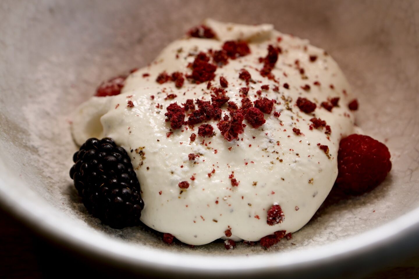 Dessert usually involves some kind of homemade ice cream. Here, tonka bean ice cream is served with berries, hibiscus and Szechwan peppercorn.