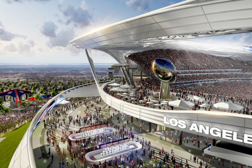 A rendering provided by Manica Architecture shows the proposed $1.7-billion NFL stadium the San Diego Chargers and Oakland Raiders football teams want to build in Carson.
