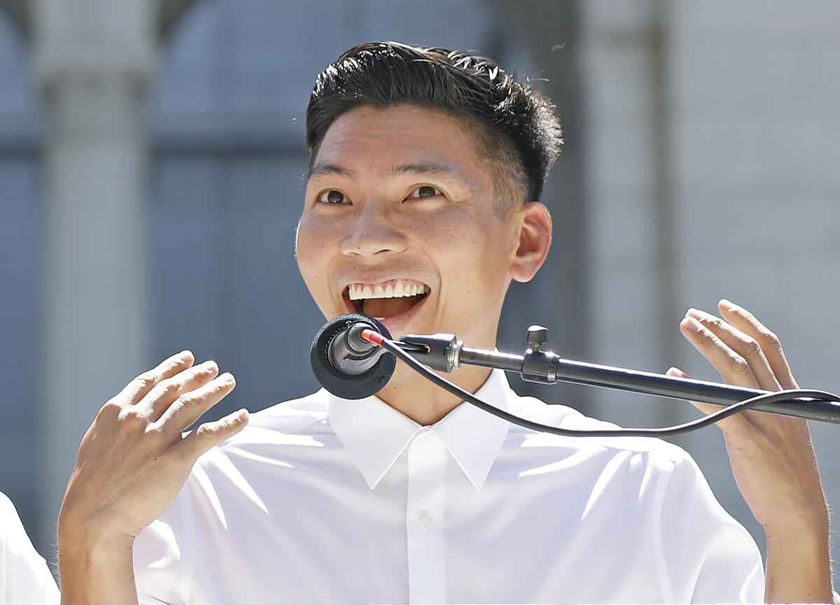 Kenneth Mejia during a campaign event in downtown Los Angeles prior to being elected city controller.