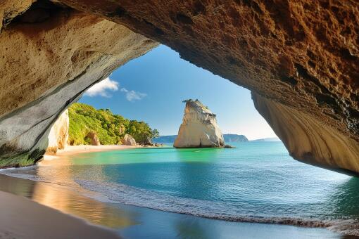 A photo of the view from the cave at Cathedral Cove on the Coromandel in New Zealand.