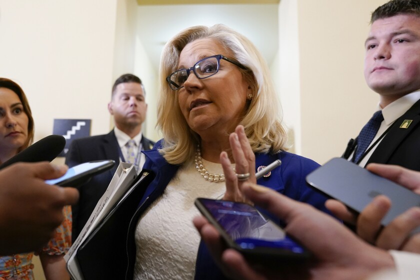 Vice chair Rep. Liz Cheney, R-Wyo., speaks with members of the press after a House select committee hearing