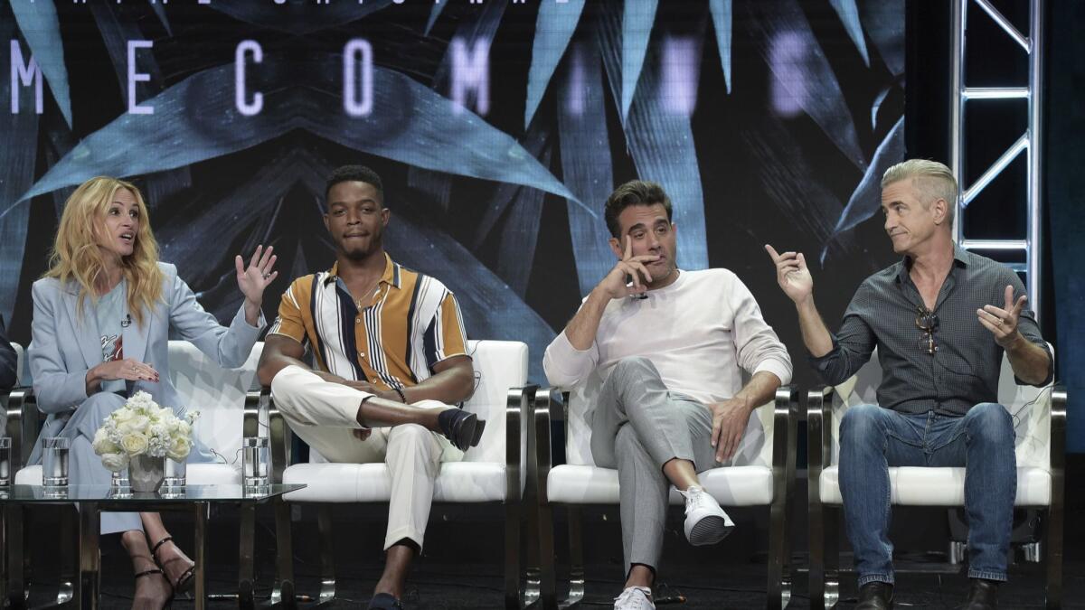 Julia Roberts, from left, Stephan James, Bobby Cannavale and Dermot Mulroney participate in the "Homecoming" panel during the TCA summer press tour.