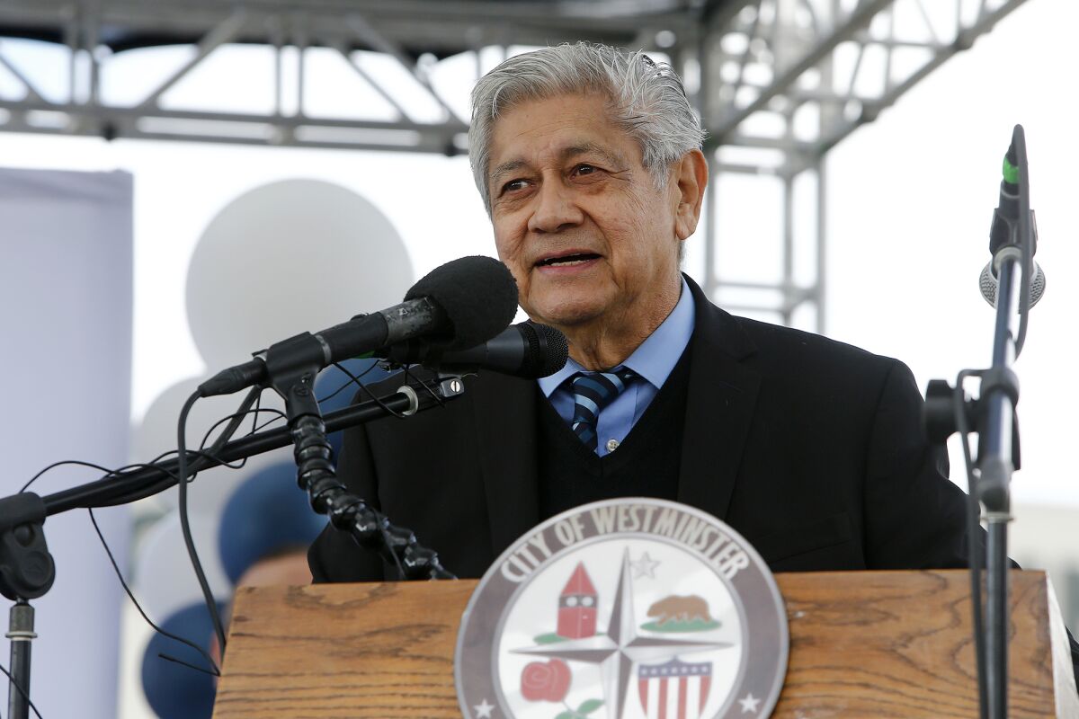 Artist and sculptor Ignacio Gomez speaks during a grand opening ceremony on Thursday for Mendez Tribute Monument Park.
