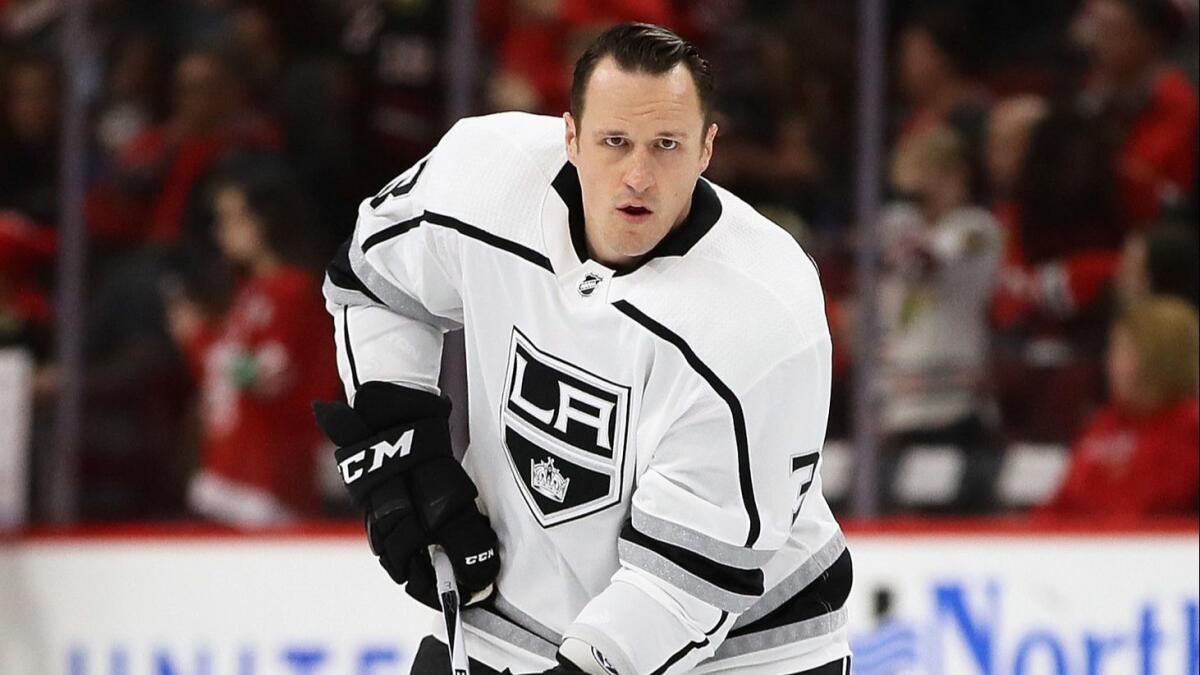 Kings defenseman Dion Phaneuf warms up before a game against the Chicago Blackhawks in February 2018.