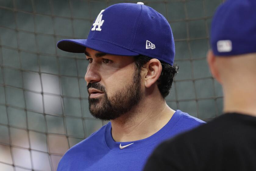 HOUSTON, TEXAS, THURSDAY, OCTOBER 27, 2017 - Dodgers first baseman Adrian Gonzalez watches batting practice before game three of the World Series at Minute Maid Park. (Robert Gauthier/Los Angeles Times)