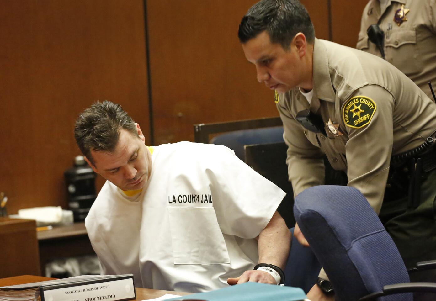 John Lenzie Creech is brought into the L.A. Superior courtroom of Judge Stephen A. Marcus for sentencing for voluntary manslaughter in the 2012 death of 20th Century Fox executive Gavin Smith.