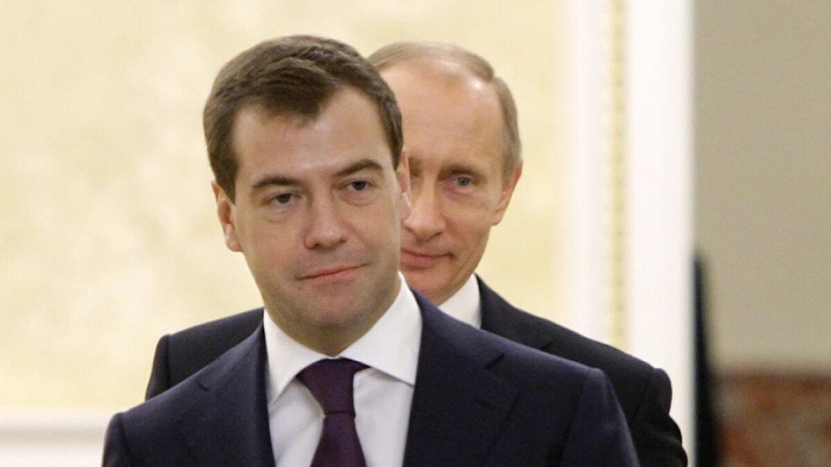 Russian President Dmitry Medvedev and Prime Minister Vladimir Putin in Moscow on Dec. 29, 2008.