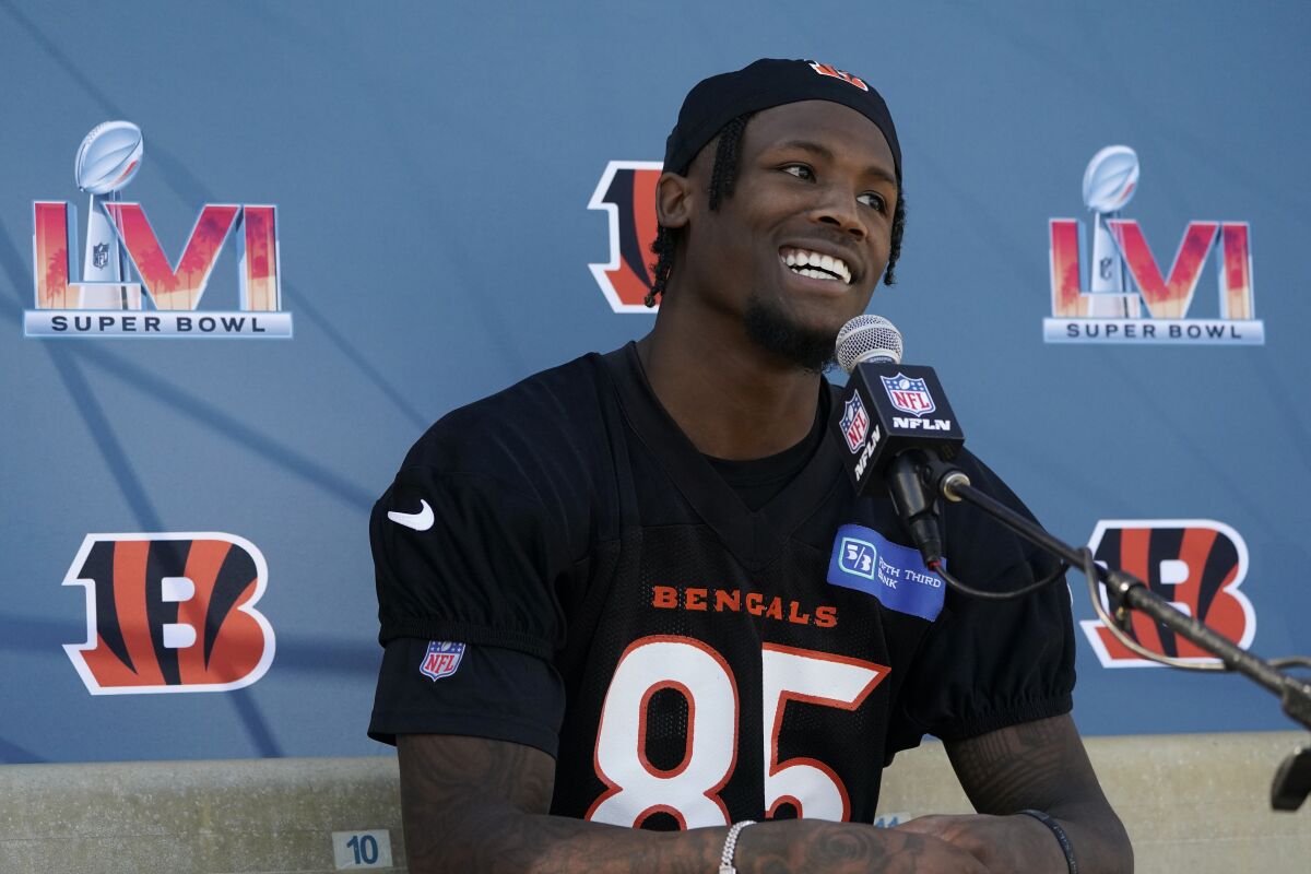 Cincinnati Bengals wide receiver Tee Higgins answers questions during a press conference following the team's NFL football practice Friday, Feb. 11, 2022, in Los Angeles. The Cincinnati Bengals play the Los Angeles Rams in the Super Bowl Sunday Feb. 13. (AP Photo/Marcio Jose Sanchez)