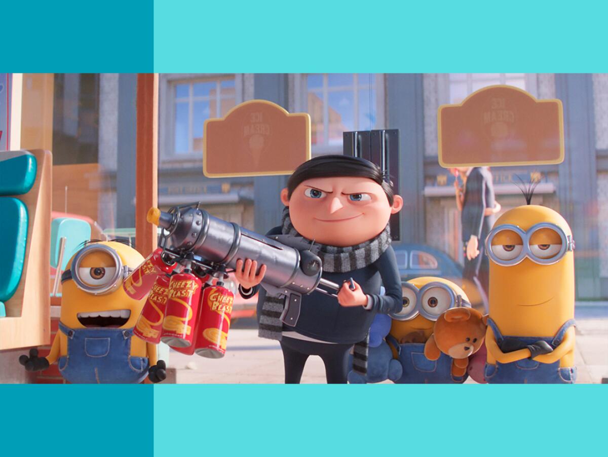 Young Gru and three minions smirking in a scene from "Minions: The Rise of Gru."