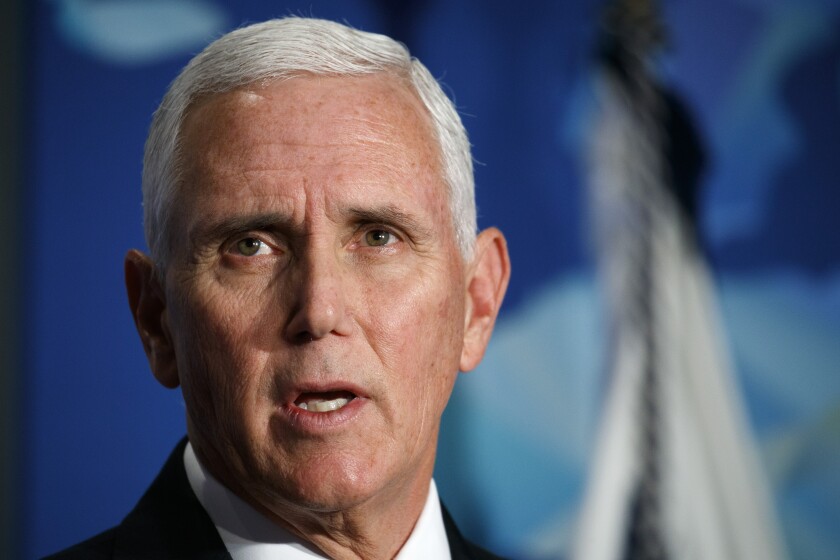 Vice President Mike Pence speaks about the U.S.-China relationship Thursday at the Wilson Center's inaugural Frederic V. Malek Public Service Leadership Lecture in Washington.