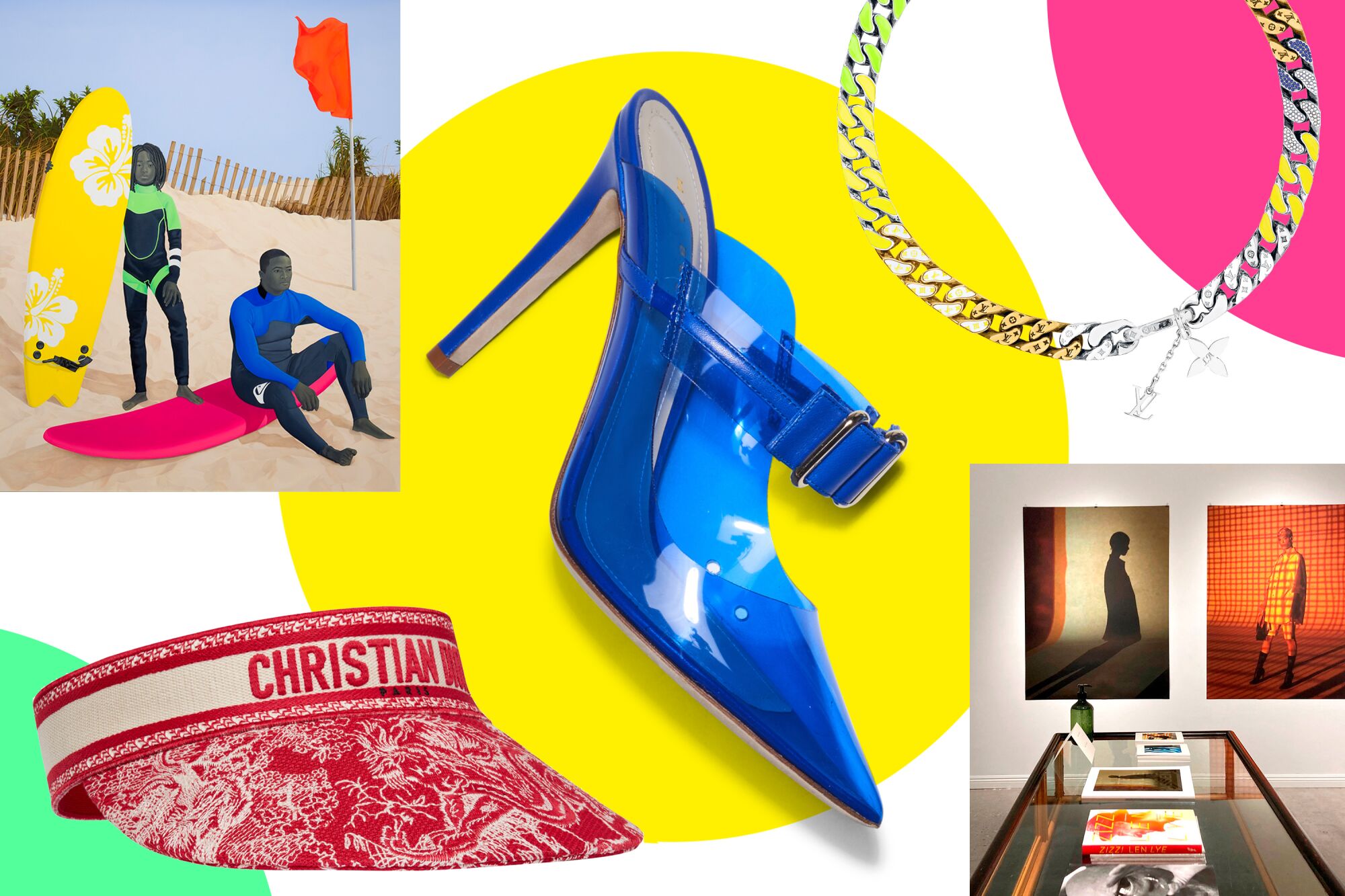 Drip Index collage of luxury items, an Amy Sherald painting of two Black surfers on a beach, a Dries Van Noten installation