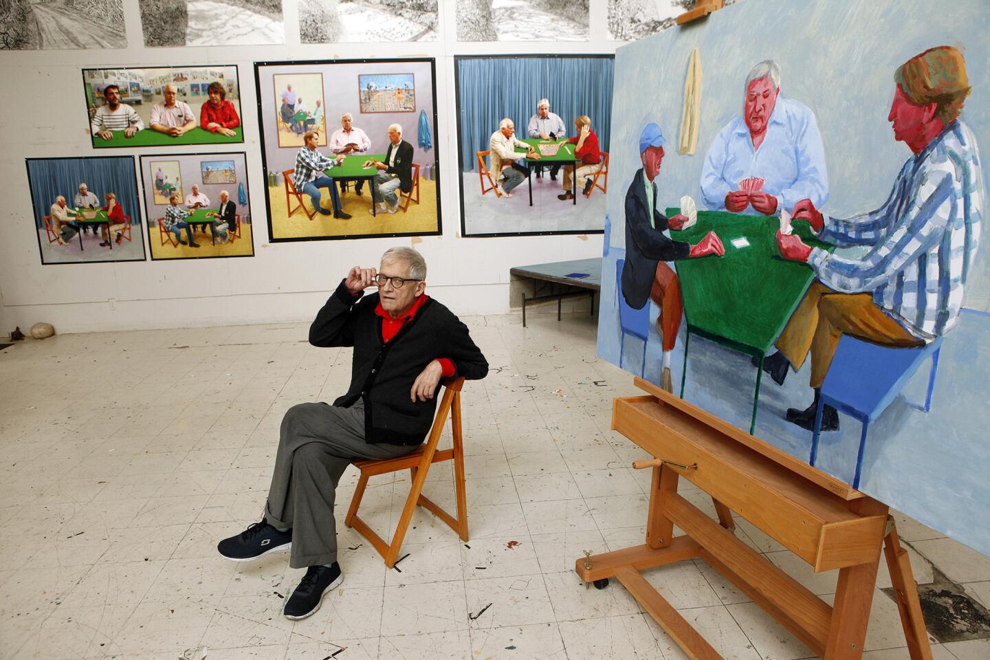 David Hockney is surrounded by several new pieces at his studio in the Hollywood Hills.