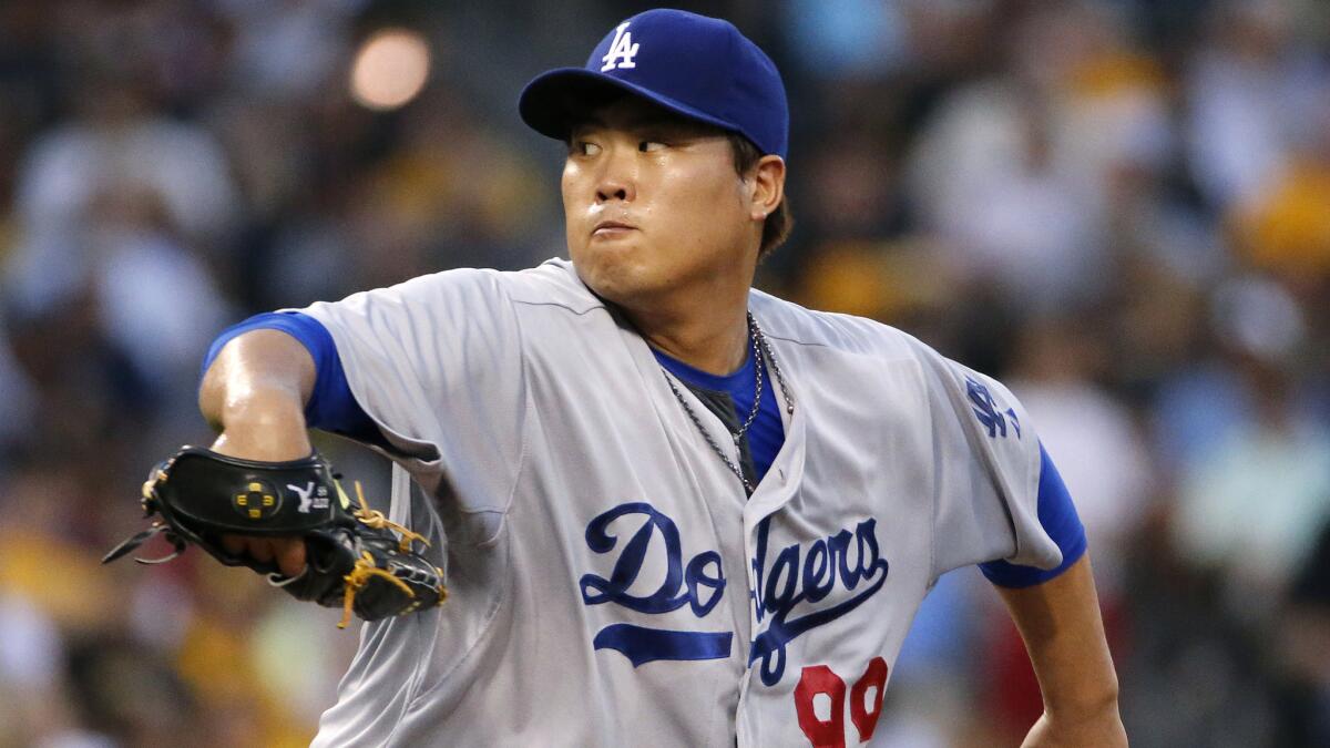 Dodgers starter Hyun-Jin Ryu delivers a pitch during a 5-2 win over the Pittsburgh Pirates on Monday.