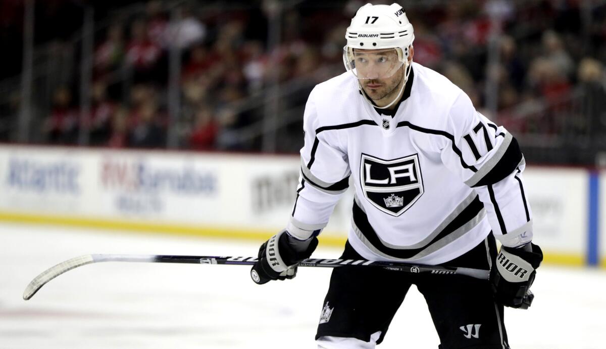 Kings left wing Ilya Kovalchuk get set for a faceoff during a game against the Devils on Feb. 5.