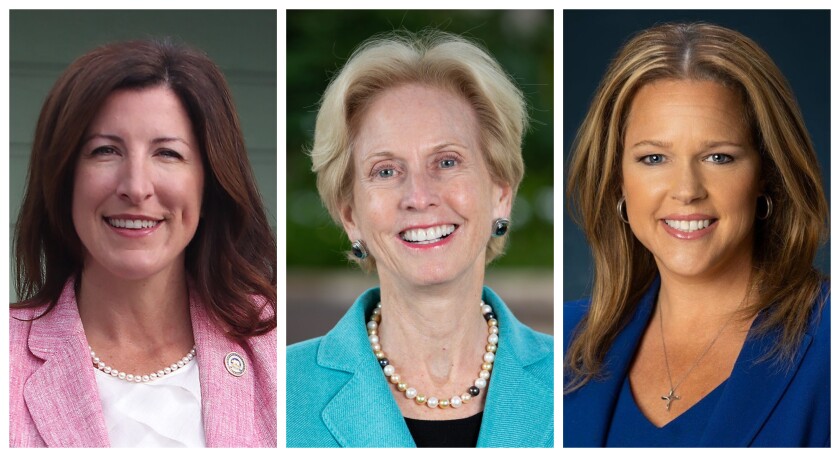 From left, incumbent Cottie Petrie-Norris (D-Laguna Beach) and Republican challengers Diane Dixon and Kelly Ernby are running for the 74th Assembly District seat.