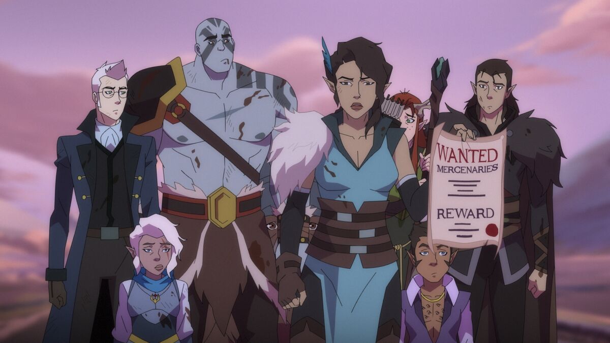 A group of animated figures with a 'WANTED' post for mercenaries in the foreground