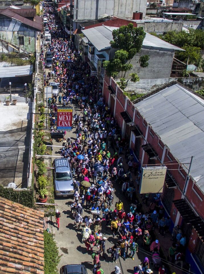 Aerial view of Honduran migrants in Tapachula, Mexico, as they walk toward the U.S. border.