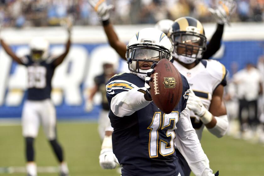 Chargers wide receiver Keenan Allen celebrates after scoring against the Rams in the second half on Nov. 23, 2014, in San Diego.