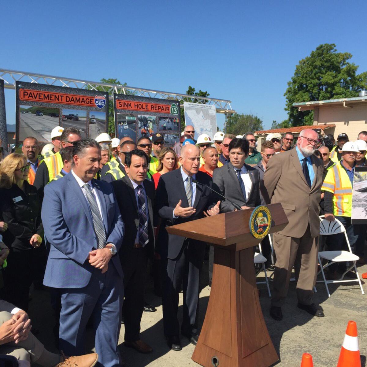 Gov. Jerry Brown stumps for the new transportation funding plan on Thursday in the Bay Area city of Concord.