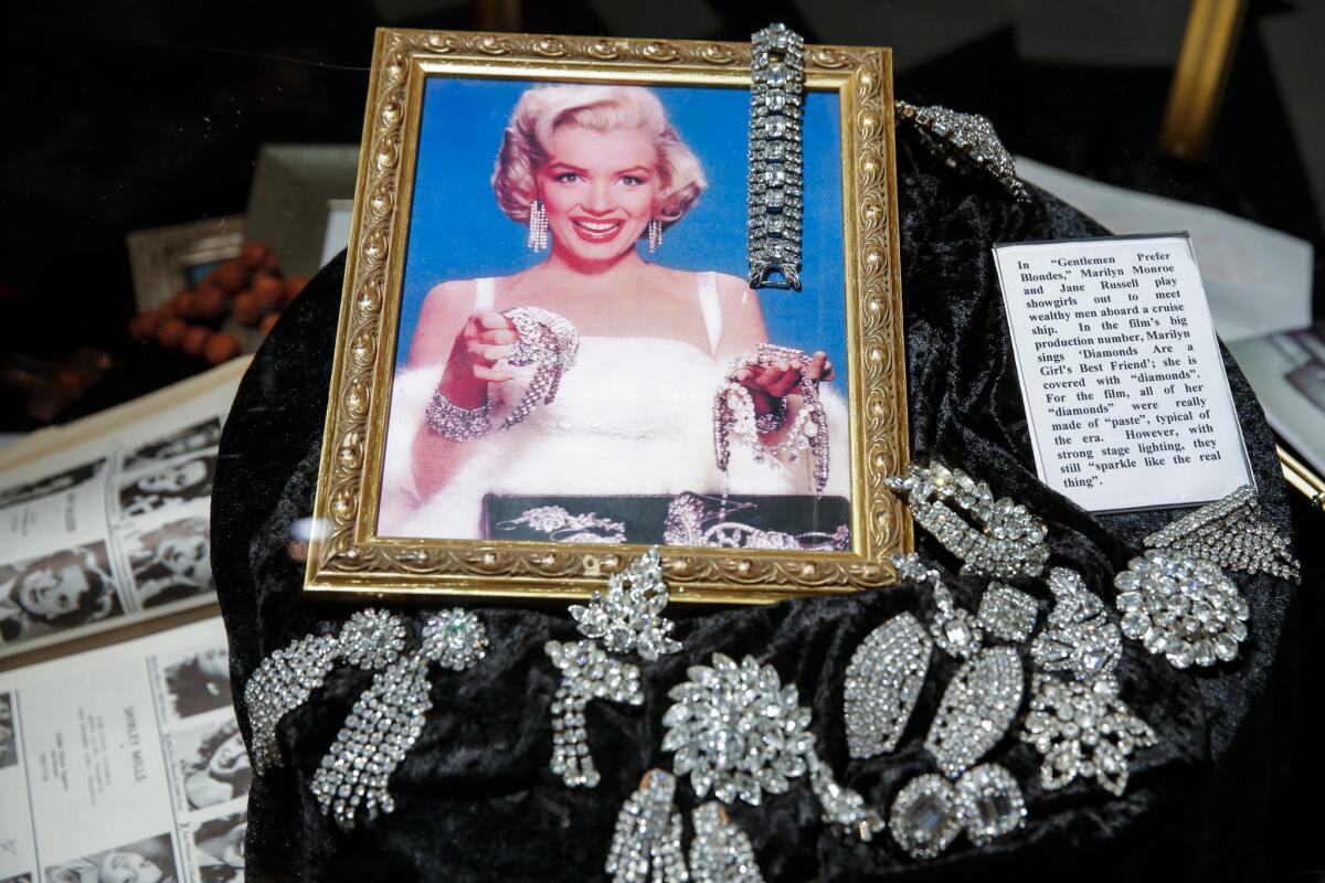 A production picture of Marilyn Monroe from the 1953 film, "Gentleman Prefer Blondes," on display in the Hollywood Museum exhibit, "Marilyn, The Exhibit."
