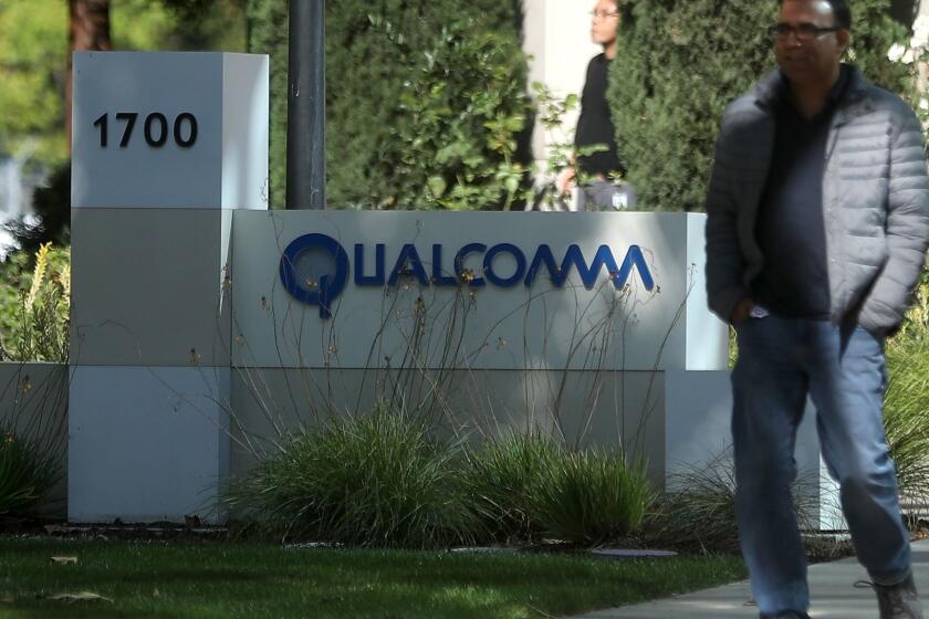 SAN JOSE, CA - NOVEMBER 01: A sign is posted at a Qualcomm office on November 1, 2017 in San Jose, California. As Apple and Qualcomm remain locked in a lengthy legal battle over patents and royalties held by Qualcomm, Apple is beginning to design prototypes of iPhones and iPads that will use Intel modems instead of Qualcomm modems. (Photo by Justin Sullivan/Getty Images) ** OUTS - ELSENT, FPG, CM - OUTS * NM, PH, VA if sourced by CT, LA or MoD **