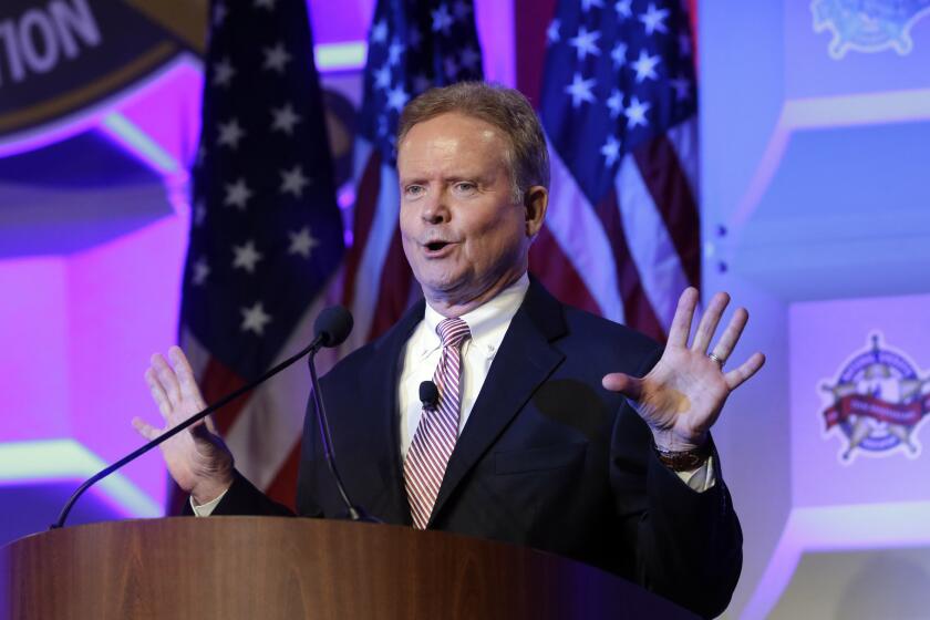 Former Sen. Jim Webb of Virginia, shown at the National Sheriffs’ Assn. presidential forum in Baltimore on Tuesday, announced on his website Thursday that he's seeking the Democratic nomination for president.