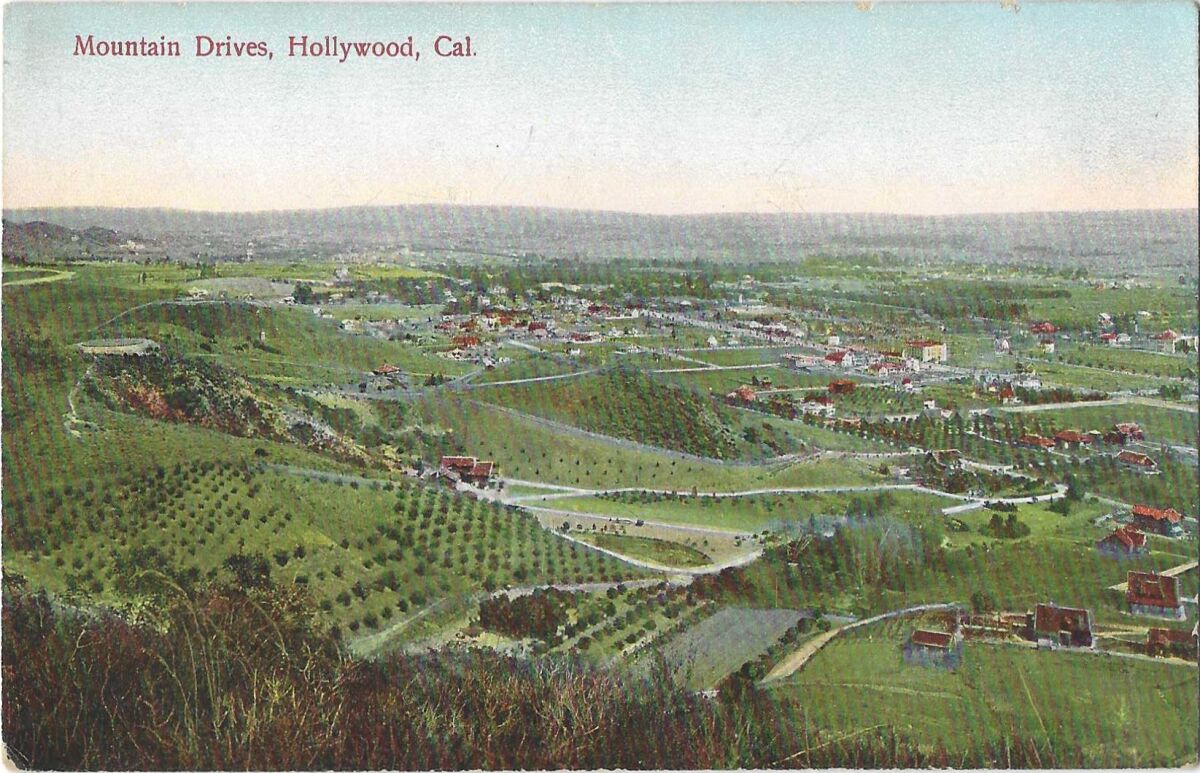A vintage postcard shows a pastoral Hollywood