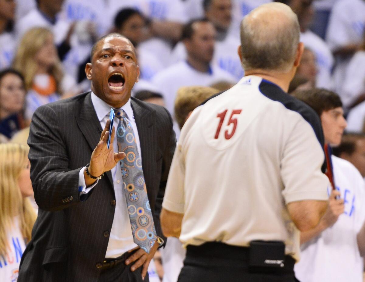 Clippers Coach Doc Rivers yells at referee Bennett Salvatore near the end of Game 5.