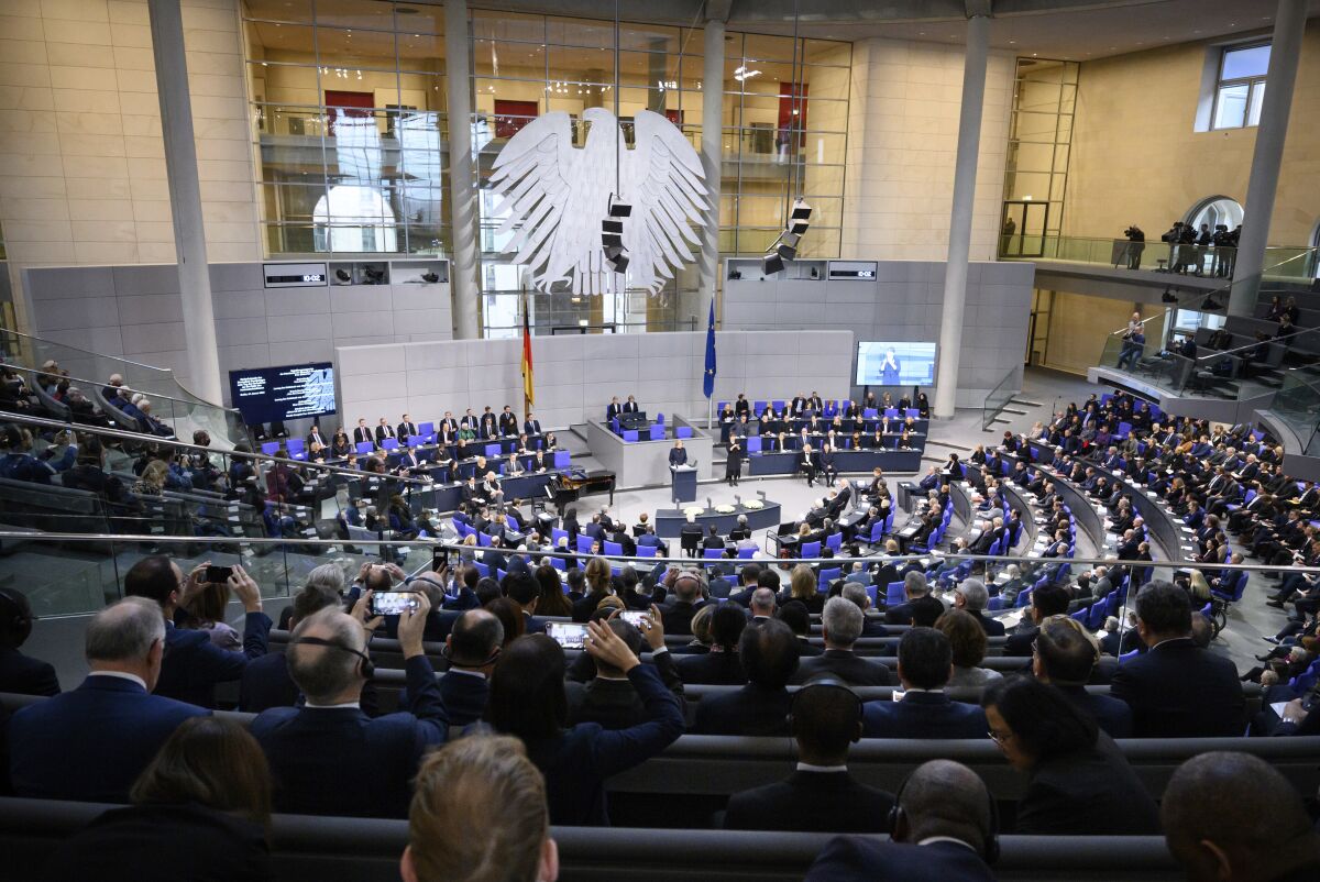 Bundestag President Baerbel Bas speaks at the hour of remembrance for the victims of National Socialism in the German Parliament Bundestag in Berlin, Germany, Friday, Jan. 27, 2023. Traditionally, around the anniversary of the liberation of the Auschwitz-Birkenau concentration camp, the members of parliament commemorate the millions of people who were disenfranchised, persecuted and murdered during the National Socialist tyranny with an event in the plenary hall. (Bernd von Jutrczenka/dpa via AP)
