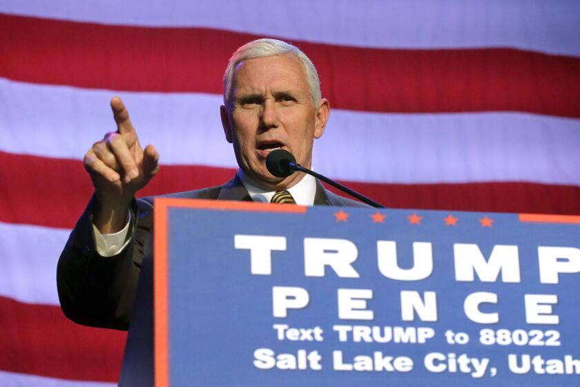 Republican vice presidential candidate, Indiana Gov. Mike Pence speaks during a rally Wednesday, Oct. 26, 2016, in Salt Lake City. Pence has a campaign swing through the West with stops in Nevada, Utah and Colorado as he stumps for the Republican presidential ticket two weeks before the election. (AP Photo/Rick Bowmer)