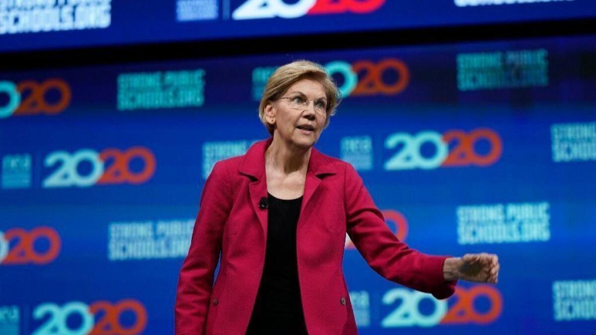 Democratic presidential candidate Sen. Elizabeth Warren (D-Mass.) speaks during the National Education Assn. Strong Public Schools Presidential Forum on Friday in Houston.