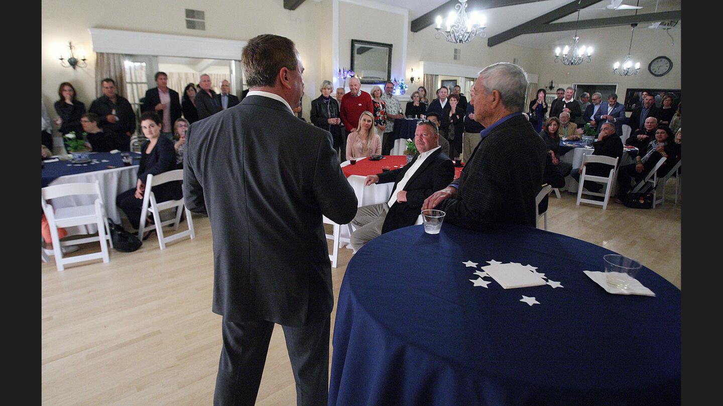 Mayor John Curtis and councilman Dave Spence address their supporters at the city election headquarters for the two incumbent councilmen at the La Cañada Thursday Club in La Cañada Flintridge on Tuesday, March 7, 2017.