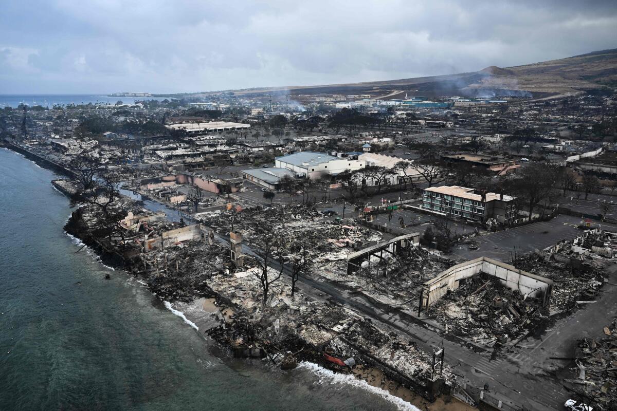 Destroyed homes and businesses are seen near Lahaina's waterfront on the island of Maui on Aug. 10. 
