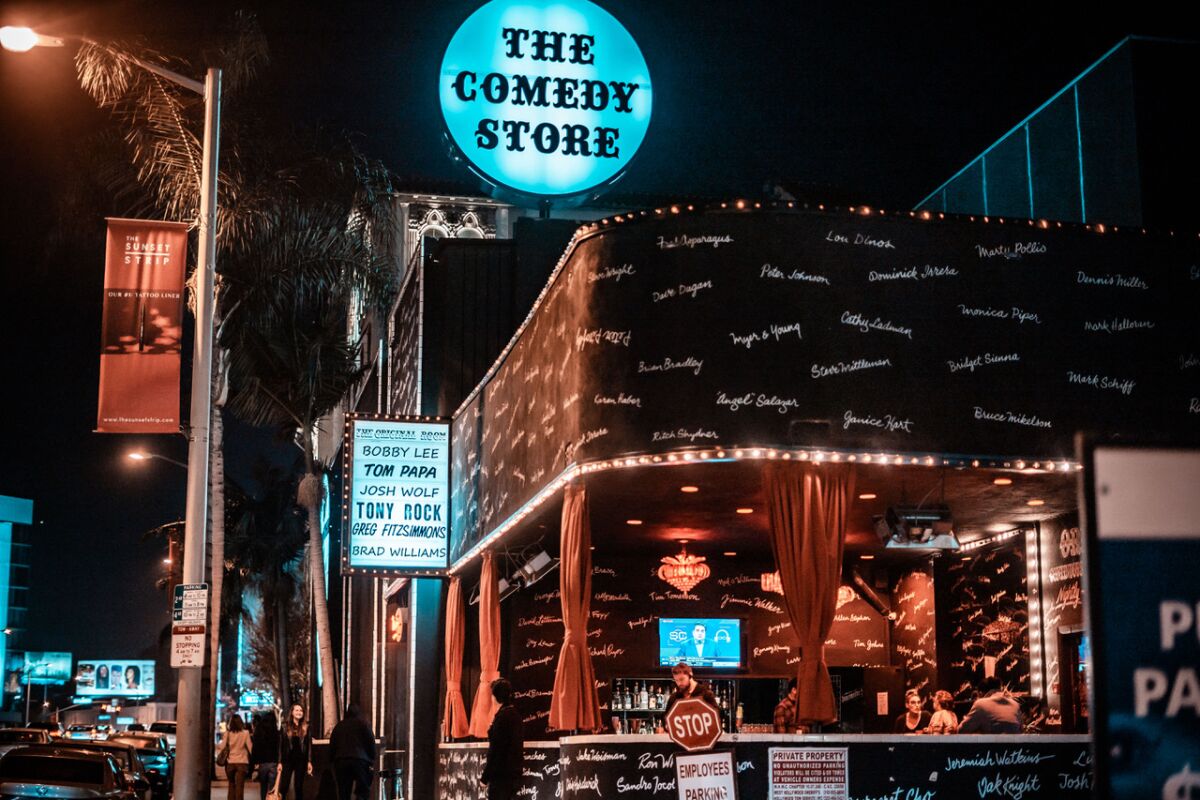 The outside of the Comedy Store on at night 