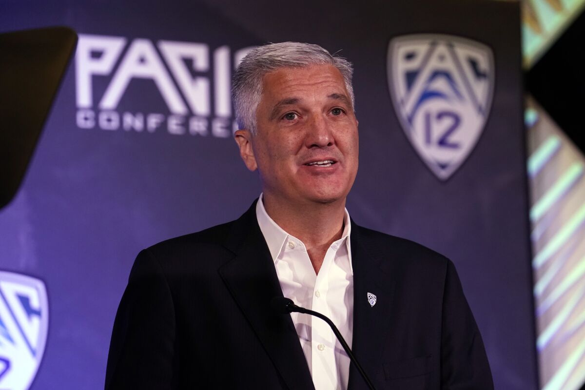 Pac-12 Commissioner George Kliavkoff speaks during the Pac-12 media day.