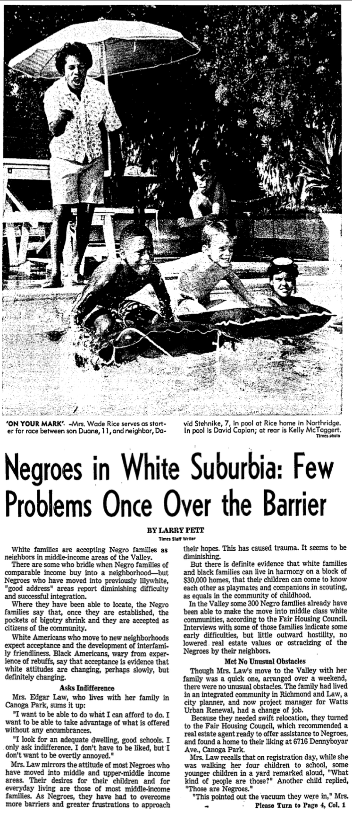 A 1968 article in The Times is headlined "Negroes in White Suburbia: Few Problems Once Over the Barrier"