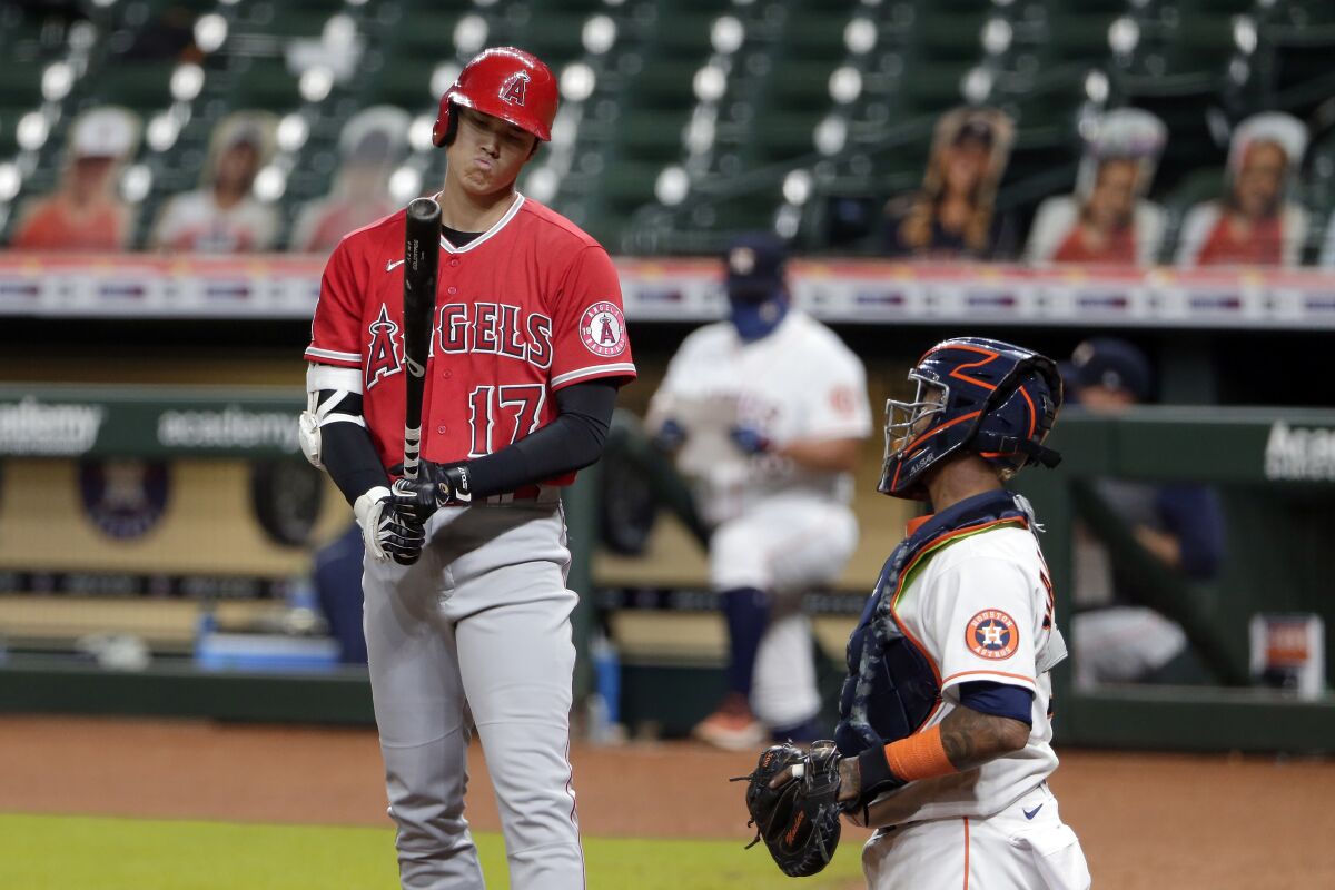 Angels' Shohei Ohtani reacts to a strike call during a game against the Houston Astros.