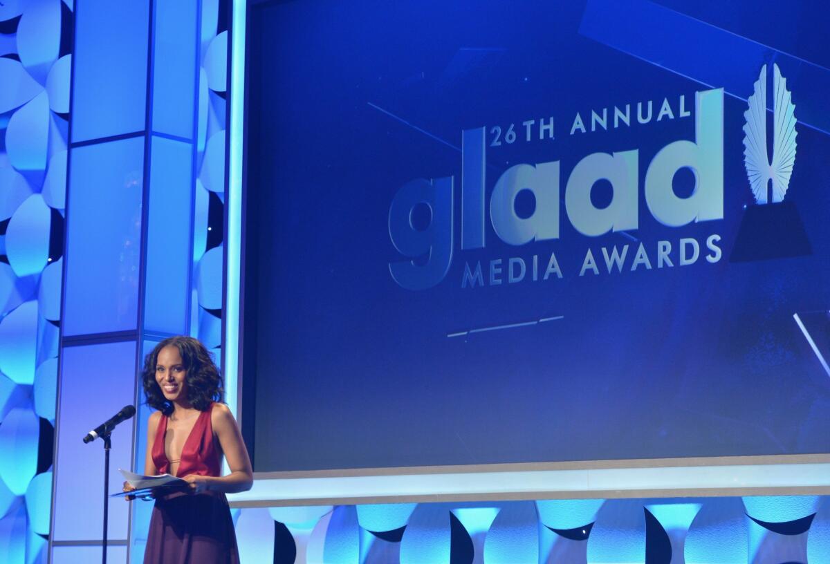 Actress Kerry Washington accepts the Vanguard Award during the 26th annual GLAAD Media Awards on March 21 at the Beverly Hilton in Beverly Hills.