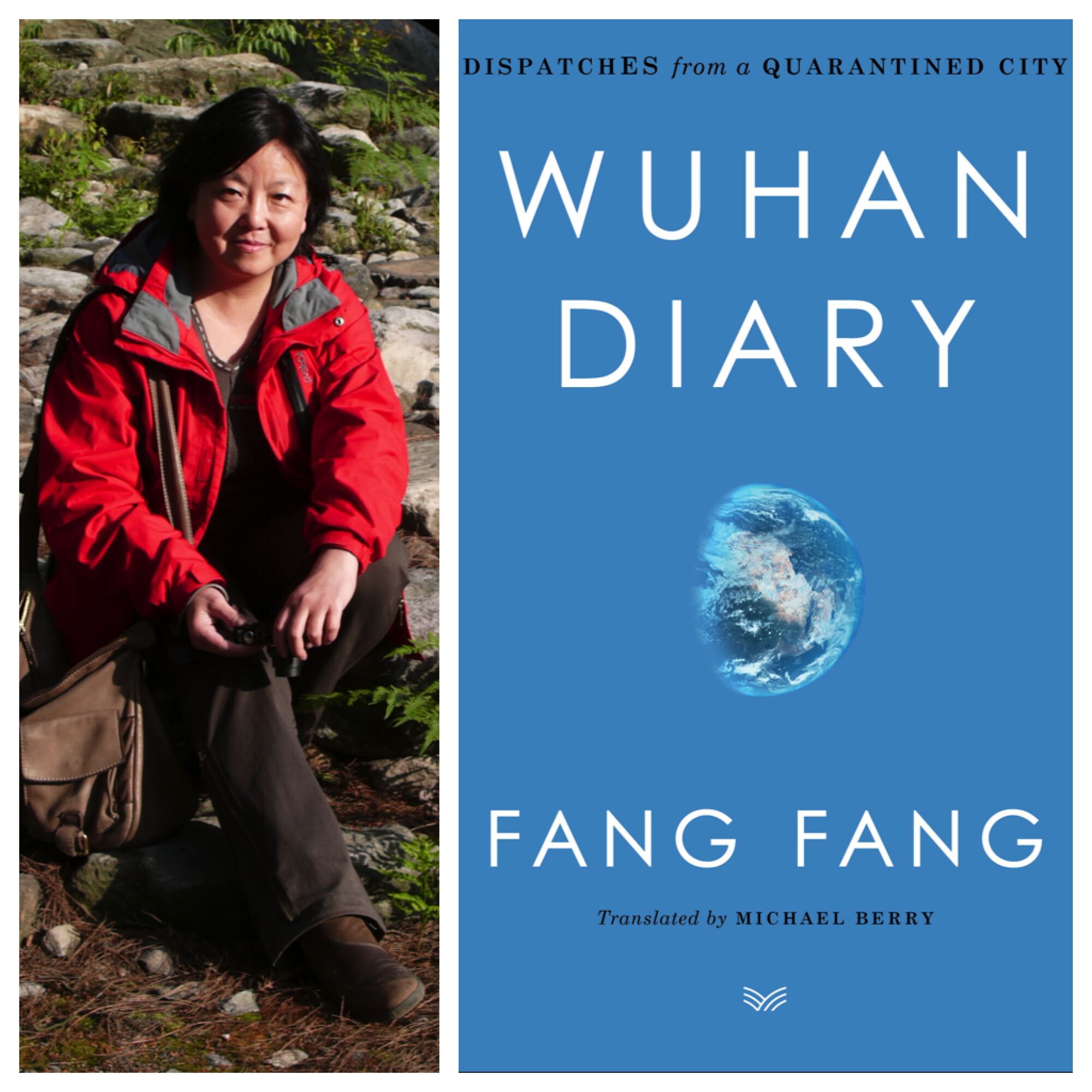 An image of author Fang Fang next to an image of the cover of her book "Wuhan Diary: Dispatches from a Quarantined City"