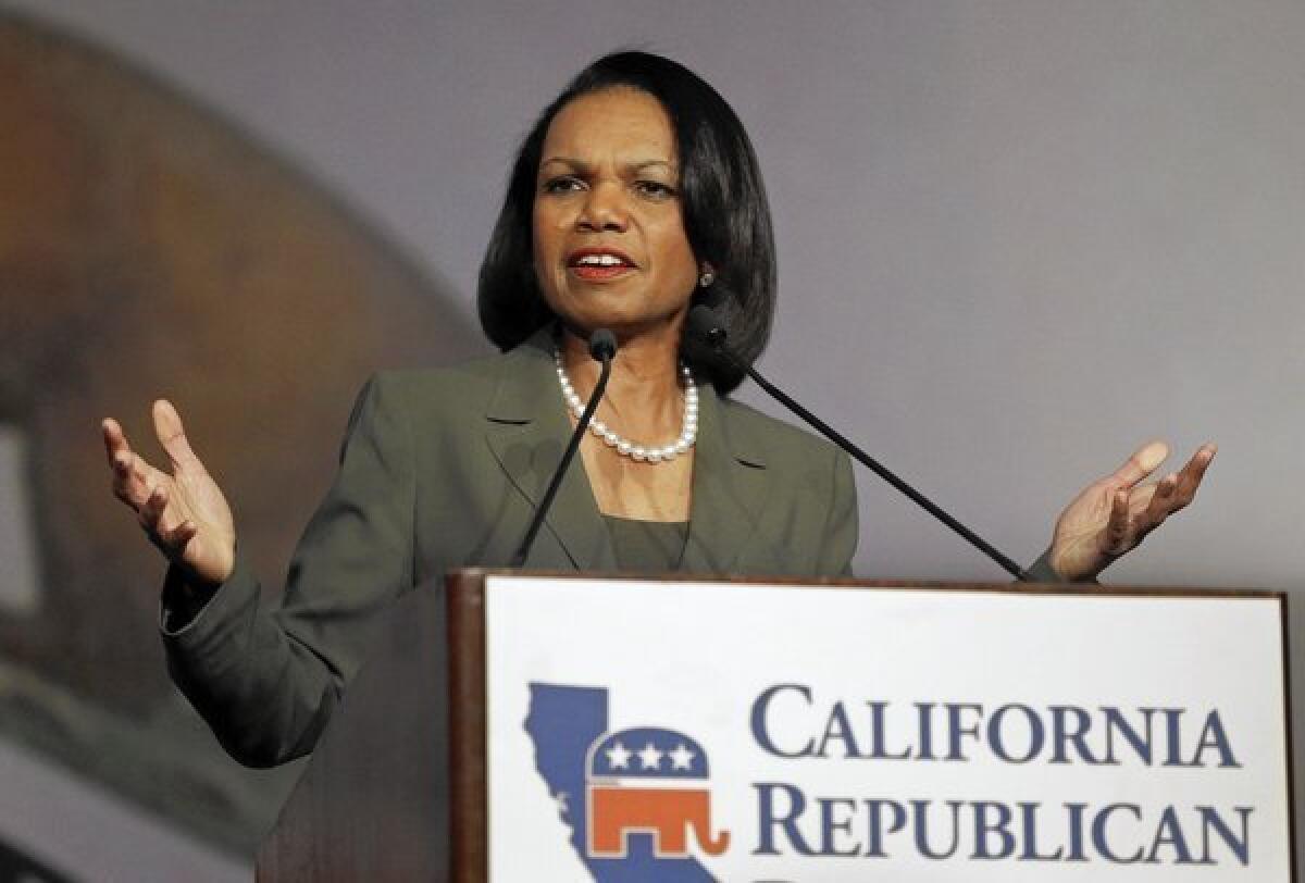 Former Secretary of State Condoleezza Rice speaks at the California Republican Party 2014 Spring Convention Saturday in Burlingame, Calif.