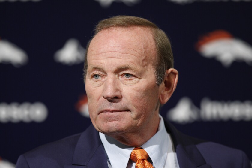 FILE - In this Jan. 5, 2011, file photo, Denver Broncos owner Pat Bowlen looks on during a news conference at the team's NFL football headquarters in Englewood, Colo. The Broncos have cleared their final legal hurdle to begin the process of transferring ownership of the team, likely through a sale of the franchise valued at nearly $4 billion. Denver County District Court Judge Shelley I. Gilman ruled Tuesday, Jan. 11, 2022, that a right of first refusal agreement between late owners Pat Bowlen and Edgar Kaiser “is no longer valid or enforceable in any respect” and "has terminated in its entirety." (AP Photo/ Ed Andrieski, File)