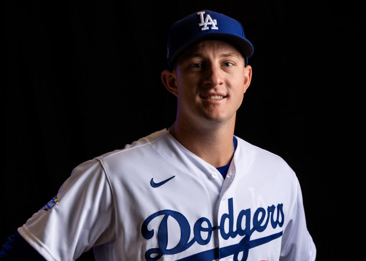 Brett De Geus stands for a portrait in his Dodgers uniform.
