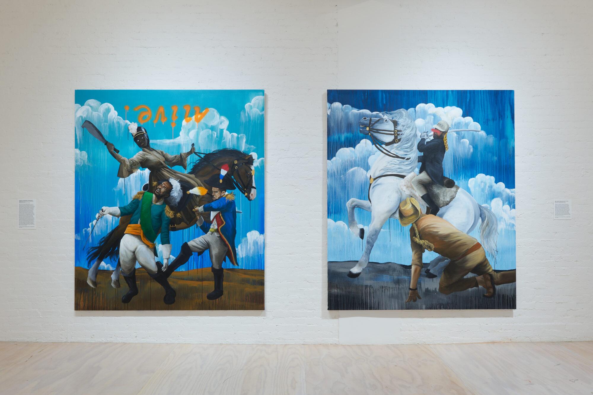 Two modern paintings inspired by equestrian paintings styles showing soldiers on horseback about to slay enemies