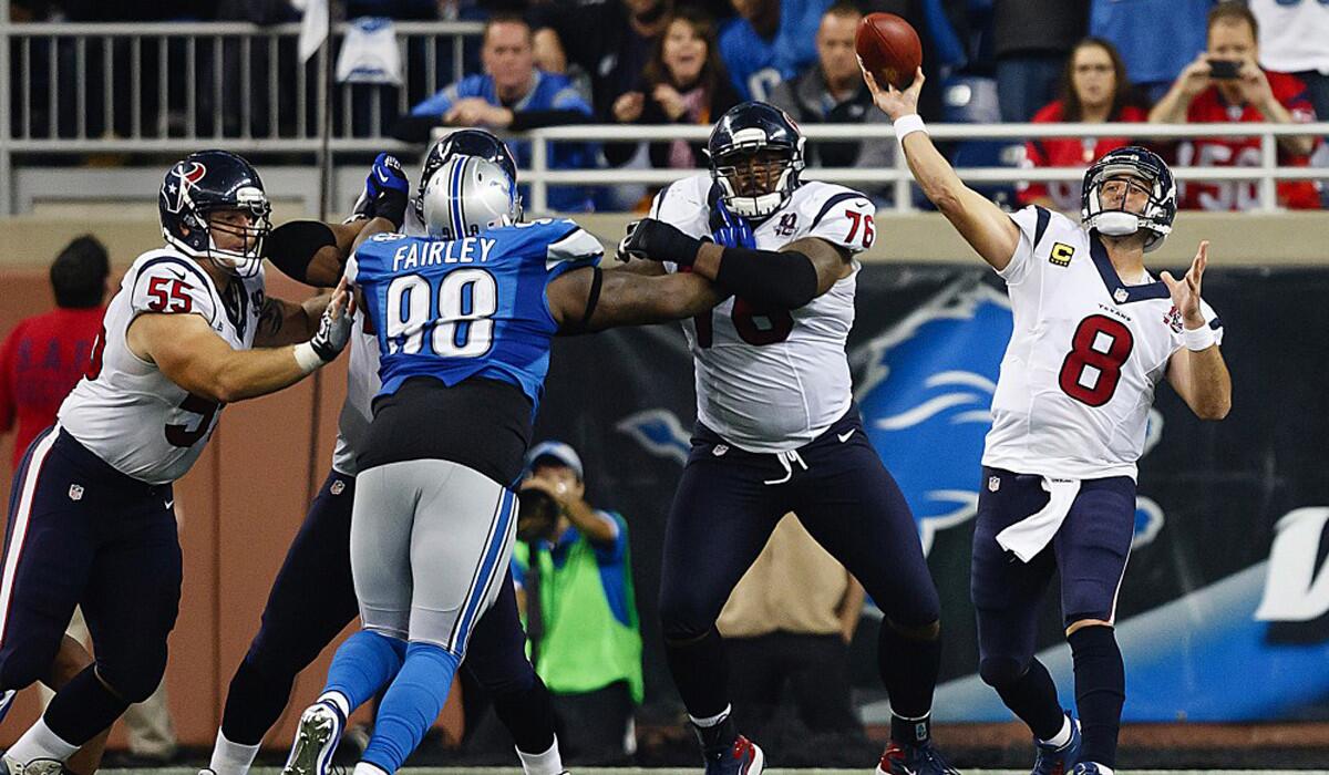 Houston Texans quarterback Matt Schaub (8) passes the ball as tackle Duane Brown (76) and center Chris Myers (55) block former Detroit Lions defensive tackle Nick Fairley (98) in the second half of an NFL football game on Nov. 22, 2012.