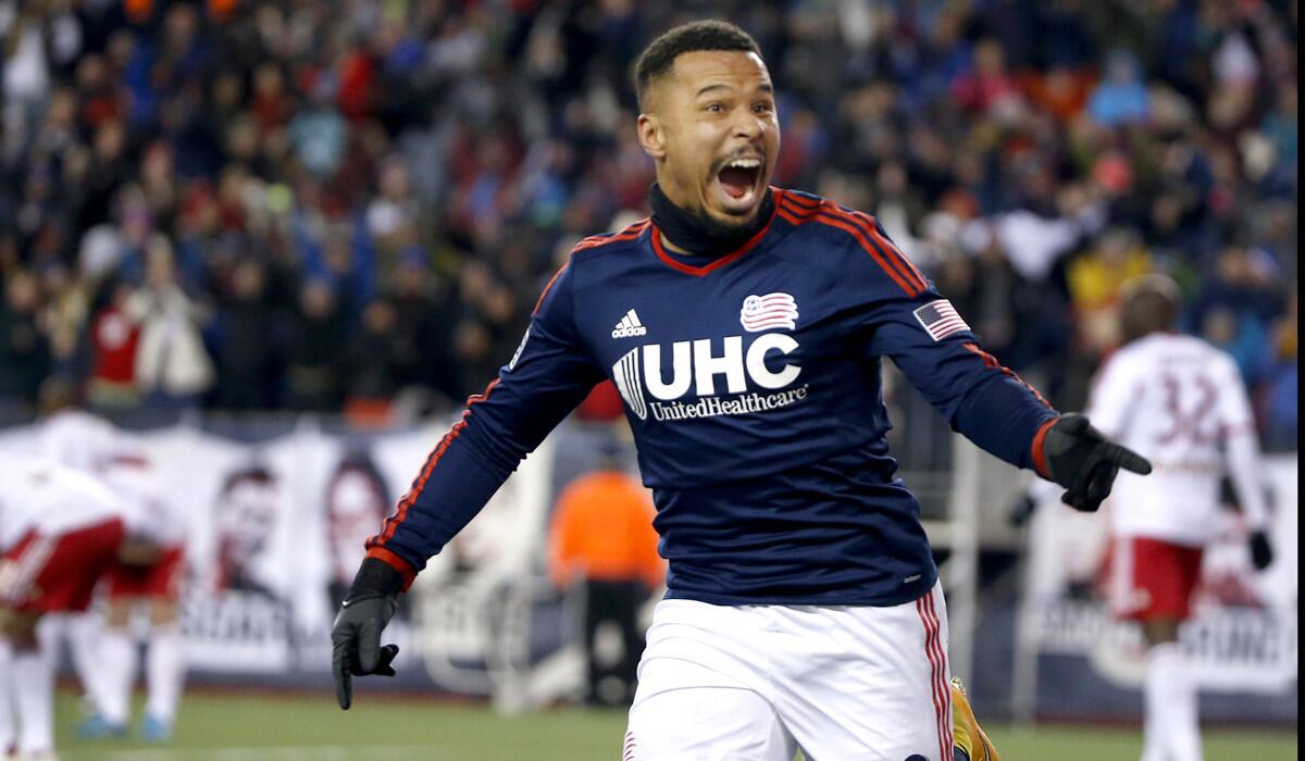 Revolution forward Charlie Davies (9) celebrates after scoring one of his two goals against the Red Bulls on Saturday.