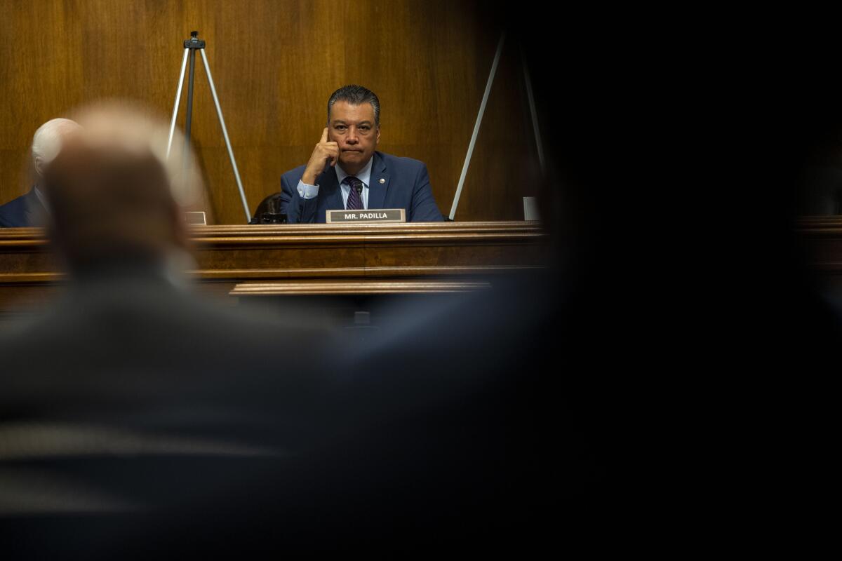 Sen. Alex Padilla during a Senate Judiciary Subcommittee on Immigration, Citizenship and Border Safety hearing on Tuesday.
