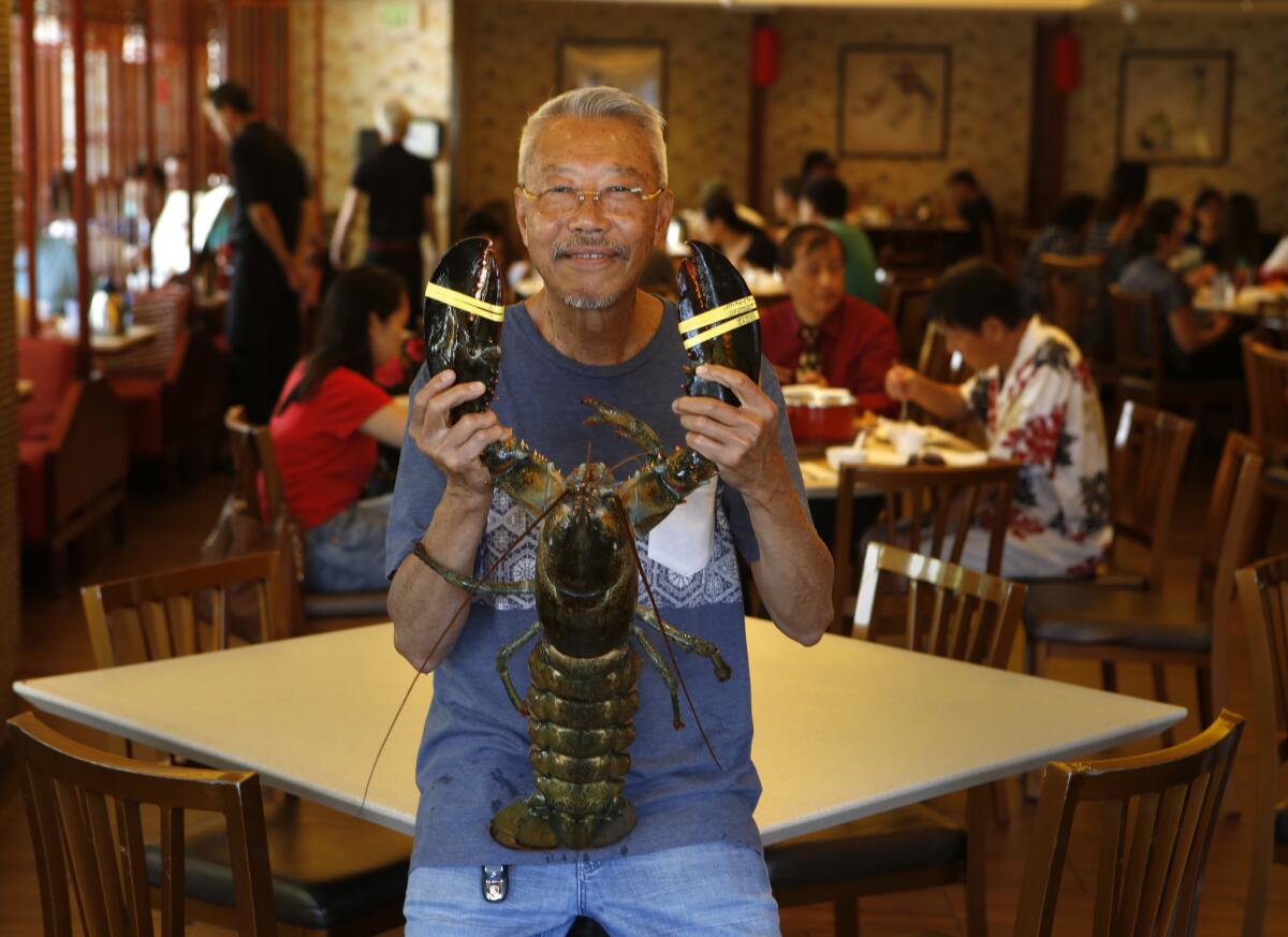 Ly Hua holds a lobster at Newport Seafood